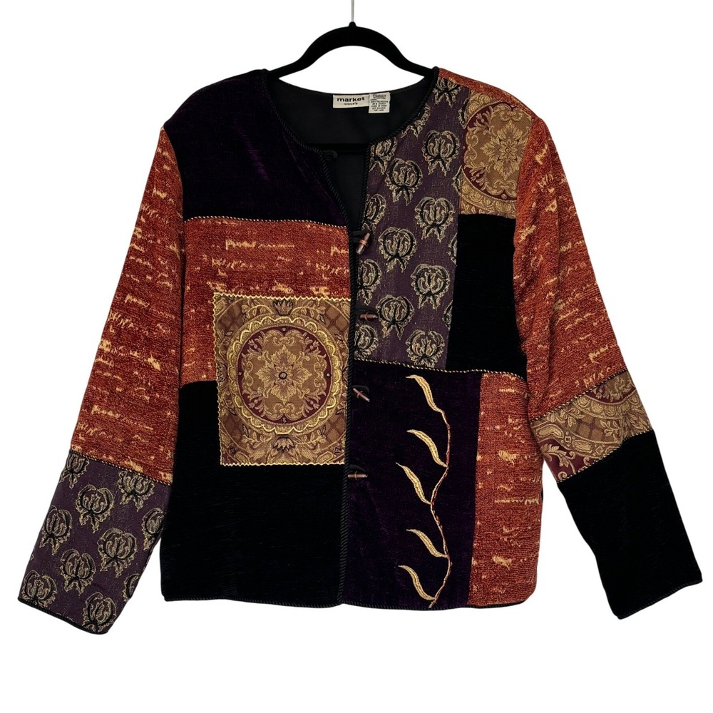 Patchwork Velvet & Jacquard Jacket - Rust, Black & Purple